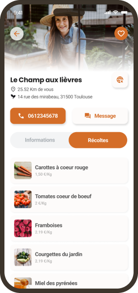 Mobile app screen showing a farm profile named Le Champ aux lièvres near Toulouse with contact phone and message buttons, tabs for Informations and Récoltes, and a list of products including carrots, tomatoes, raspberries, garden zucchinis, and honey with prices per kilogram.